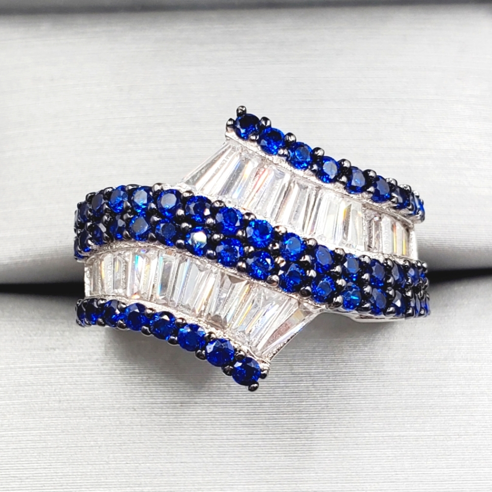 Round Blue Spinel & Diamond Baguette Simulant 925 Sterling Silver Ring